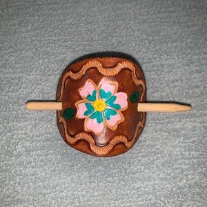Western leather hair clip with painted design
